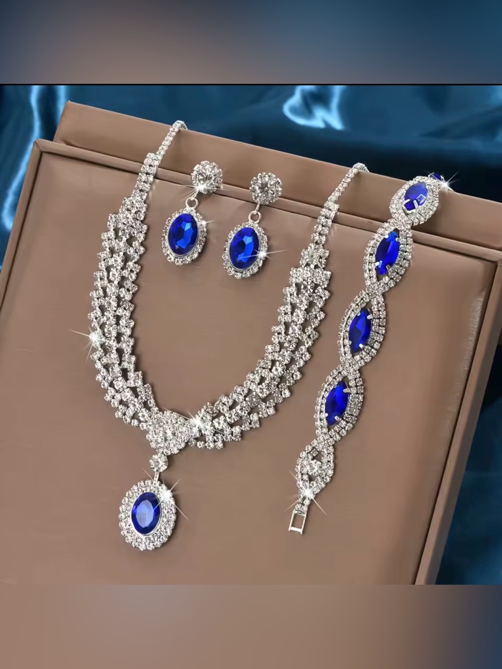 Stunning Blue Crystal Necklace Set of 3 with Earrings and Bracelet